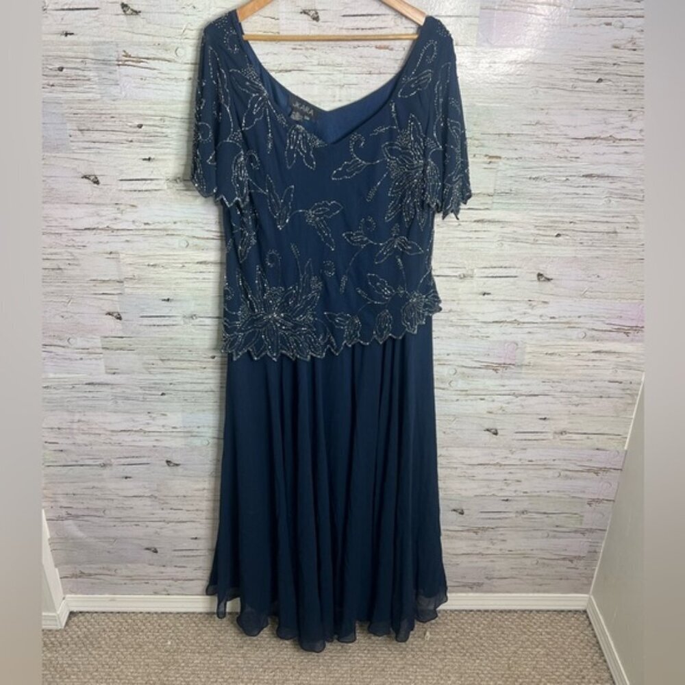 J KARA Floral Beaded Navy Chiffon Dress 22W blue